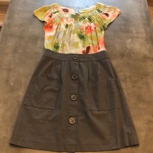 Anthropologie Floral top + Button gray skirt dress